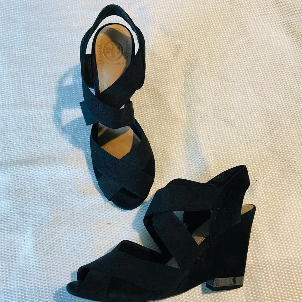 Tory Burch suede Black Wedge Sandals